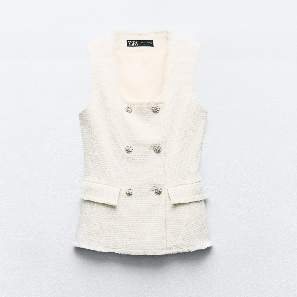 Zara Textured Metallic Thread Vest with bejeweled buttons NWT - Picture 2 of 9
